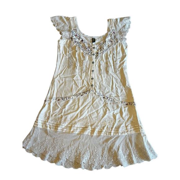 Sacred threads Large neutral Boho Bohemian lace ruffle sleeve dress minimalist - Picture 1 of 8